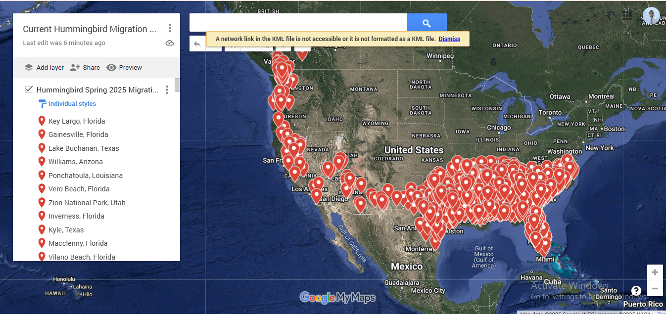 Live 2025 Hummingbird Migration Map for the USA